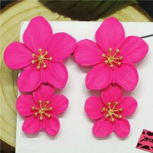 Large hot pink rose flower earrings with silver posts